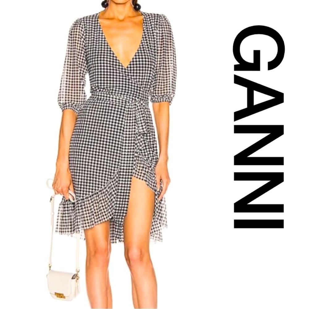 Ganni Mini Ruffle Short Sleeve Dress - Ruffle - Gingham Plaid - Mesh